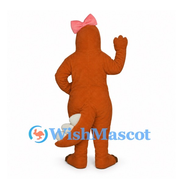Dinosaur Mascot Costume in Orange with Pink Bow and White Belly