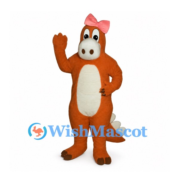 Dinosaur Mascot Costume in Orange with Pink Bow and White Belly