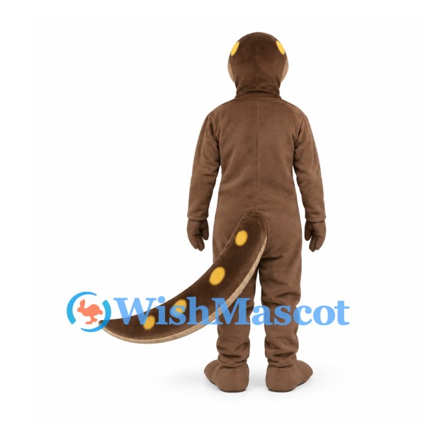Dinosaur Mascot Costume in Brown with Segmented Belly and Spotted Tail