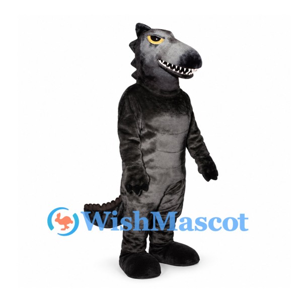 Dinosaur Mascot Costume in Black with Gray Belly and Pointed Teeth