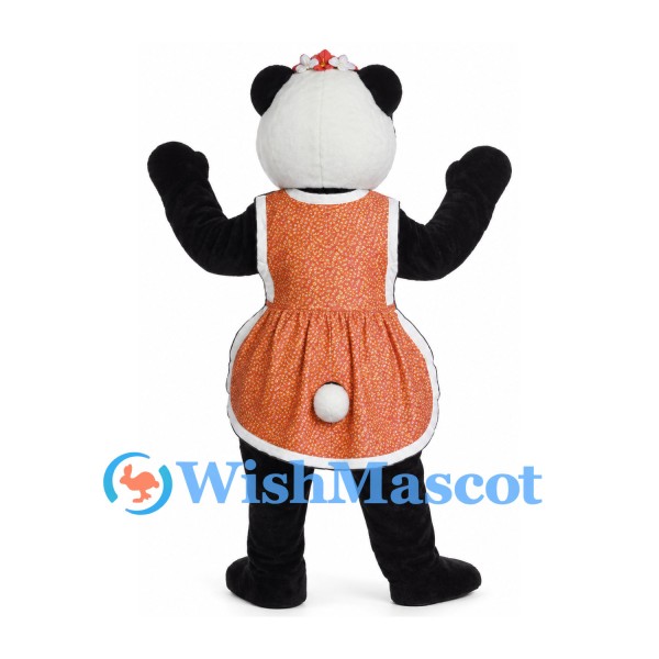 Panda Mascot Costume with Orange Apron Dress and Flower
