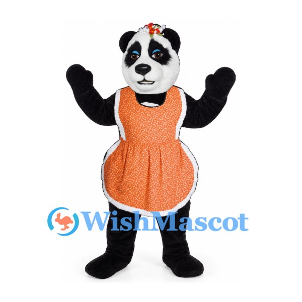 Panda Mascot Costume with Orange Apron Dress and Flower