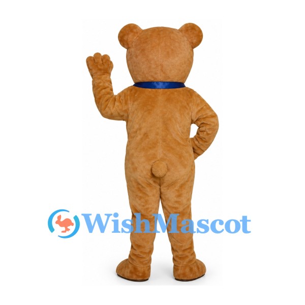 Bear Mascot Costume in Gold with Shiny Blue Ribbon