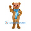 Bear Mascot Costume in Gold with Shiny Blue Ribbon