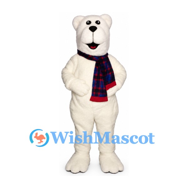 Bear Mascot Costume in White with Tartan Scarf