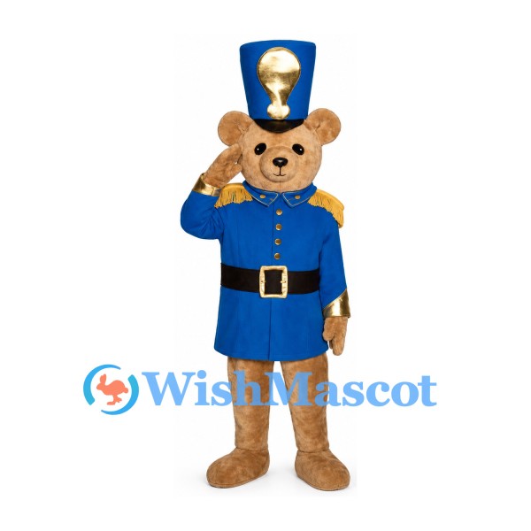 Bear Mascot Costume with Blue Soldier Coat and Tall Hat
