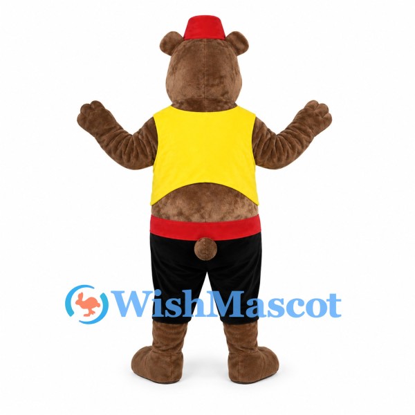 Bear Mascot Costume with Yellow Vest and Red Fez