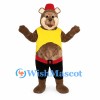 Bear Mascot Costume with Yellow Vest and Red Fez