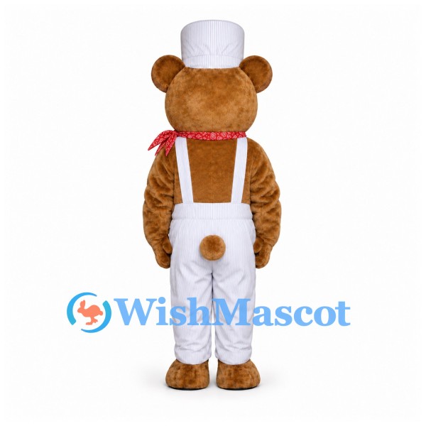 Bear Mascot Costume with White Overalls and Red Bow Tie