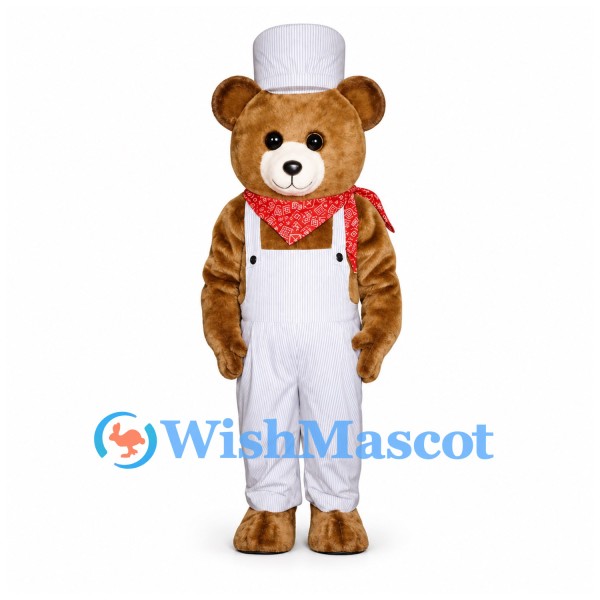 Bear Mascot Costume with White Overalls and Red Bow Tie