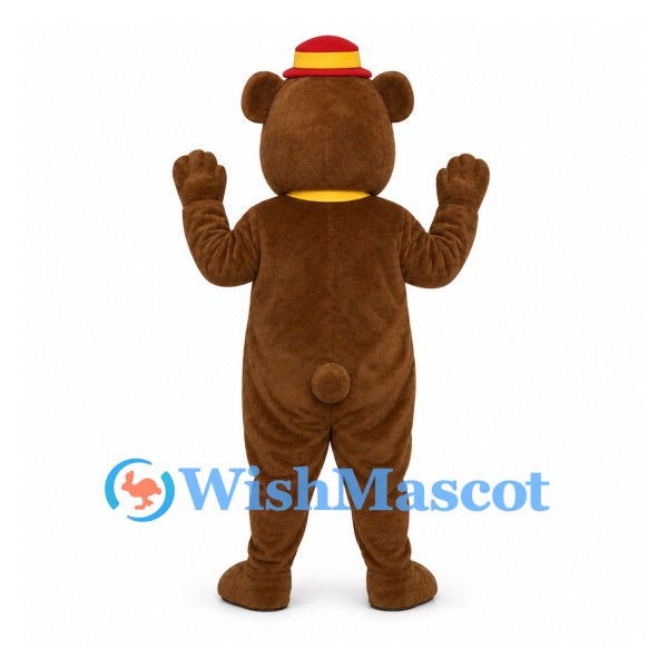 Bear Mascot Costume with Yellow Tie and Red Striped Hat