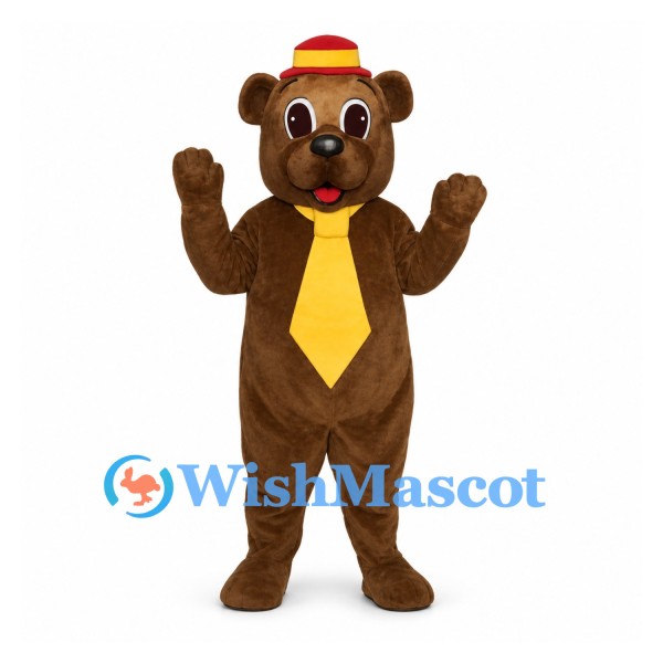 Bear Mascot Costume with Yellow Tie and Red Striped Hat