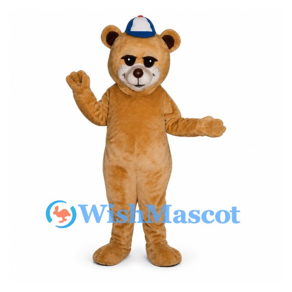 Bear Mascot Costume in Tan with Blue and White Baseball Cap
