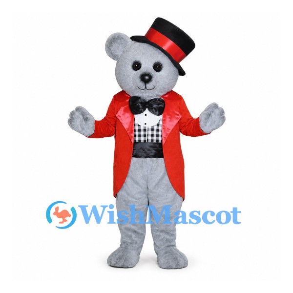 Bear Mascot Costume in Gray with Red Tailcoat and Black Top Hat