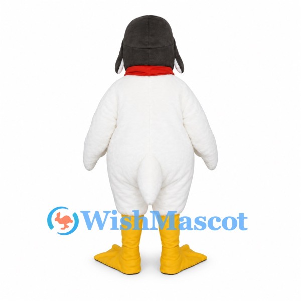 Duck Mascot Costume in White with Brown Aviator Hat and Red Scarf