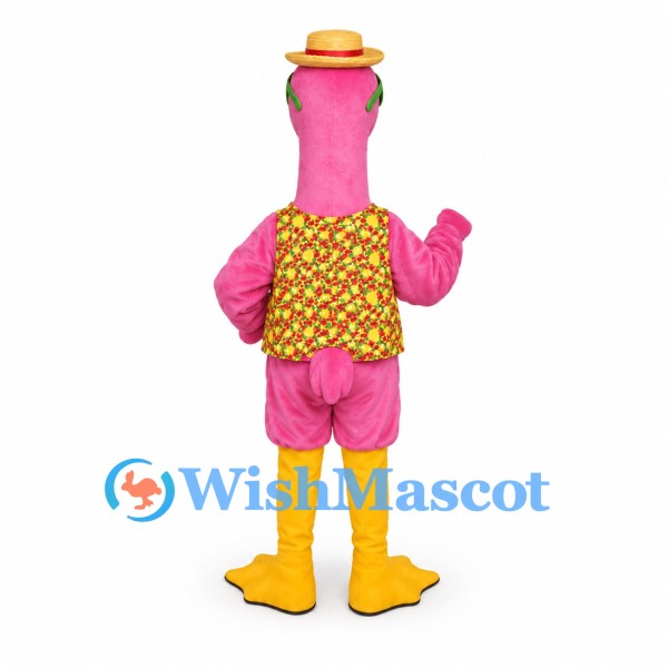 Flamingo Mascot Costume in Pink with Floral Vest and Straw Hat