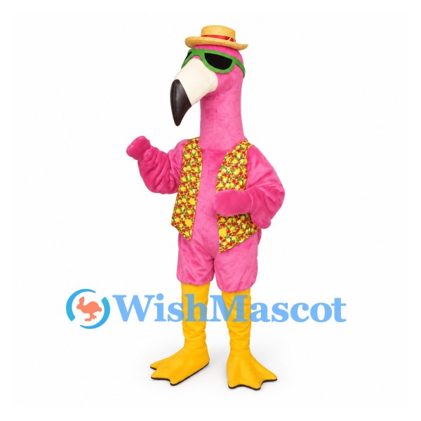 Flamingo Mascot Costume in Pink with Floral Vest and Straw Hat