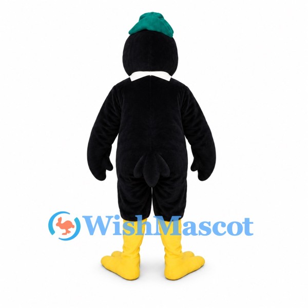 Bird Mascot Costume in Black with Green Cap and Pink Scarf