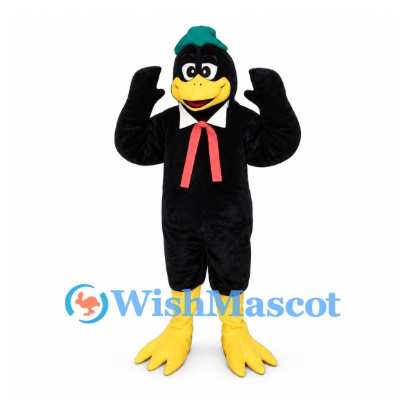 Bird Mascot Costume in Black with Green Cap and Pink Scarf