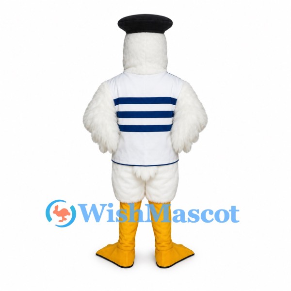 Duck Mascot Costume with Blue Striped Sailor Shirt and Black Beret