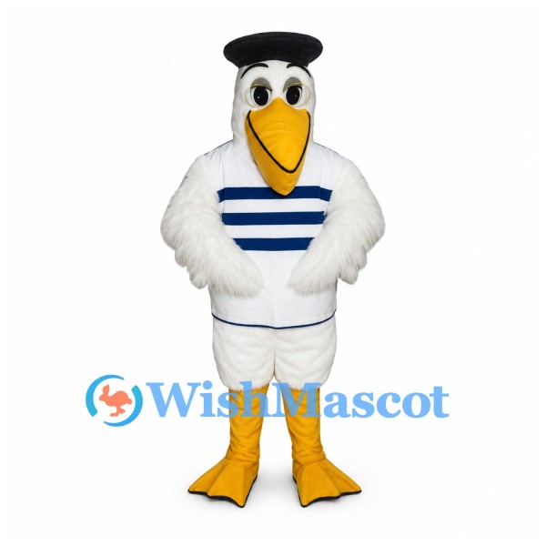 Duck Mascot Costume with Blue Striped Sailor Shirt and Black Beret