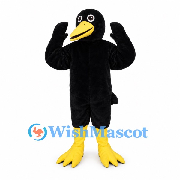Crow Mascot Costume in Black with Yellow Beak and Feet