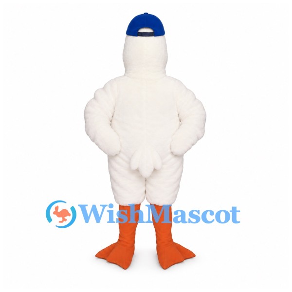 Duck Mascot Costume in White with Blue Cap and Orange Feet