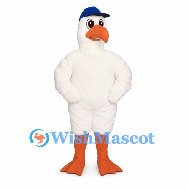 Duck Mascot Costume in White with Blue Cap and Orange Feet