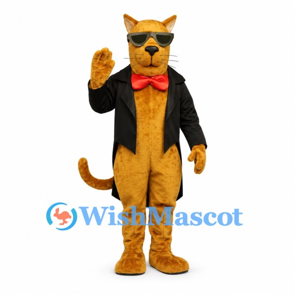 Cat Mascot Costume with Black Tailcoat and Red Bow Tie