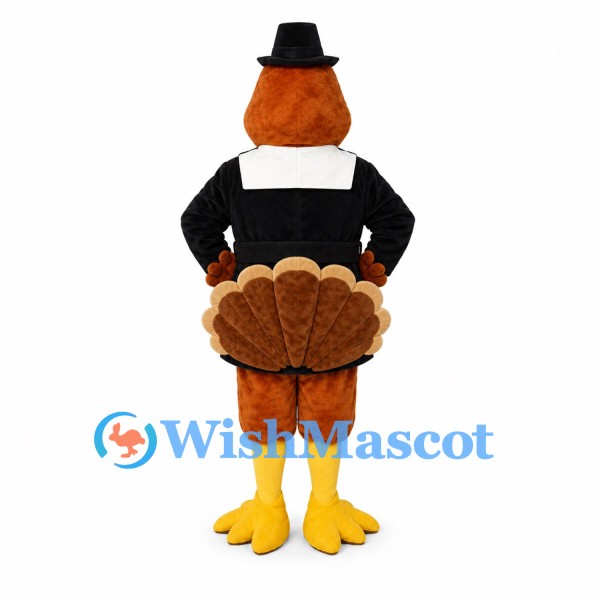 Turkey Mascot Costume with Black Pilgrim Coat and Hat