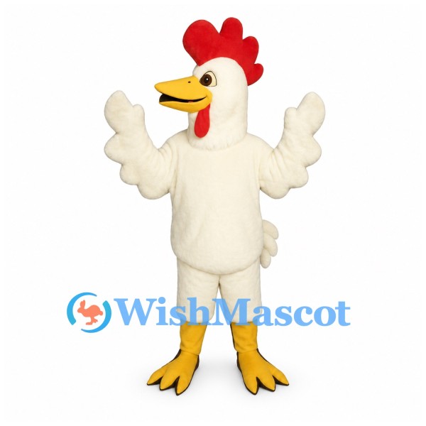 Rooster Mascot Costume in White with Red Comb and Yellow Feet