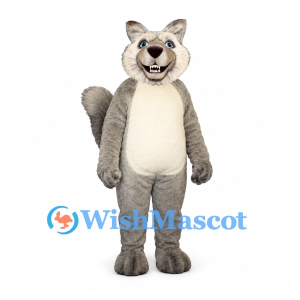 Wolf Mascot Costume in Gray with White Belly and Bushy Tail