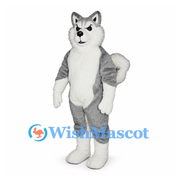 Husky Dog Mascot Costume in Gray and White with Curled Tail
