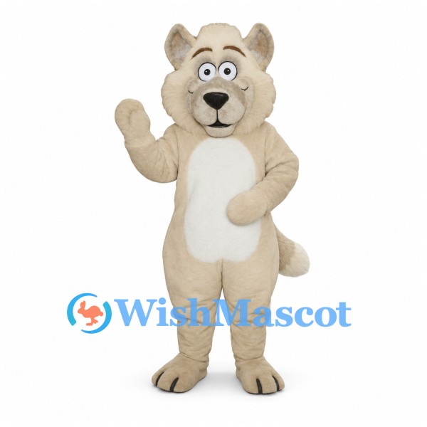 Wolf Mascot Costume in Cream with White Belly and Long Tail