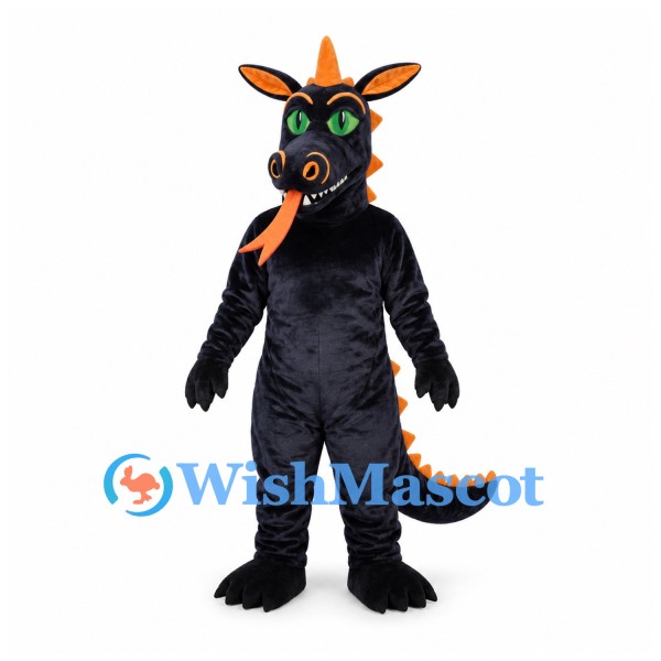 Dragon Mascot Costume in Black with Orange Spines and Horn