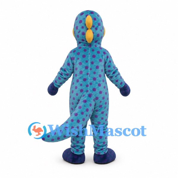 Dinosaur Mascot Costume in Blue with Purple Spots and Yellow Belly