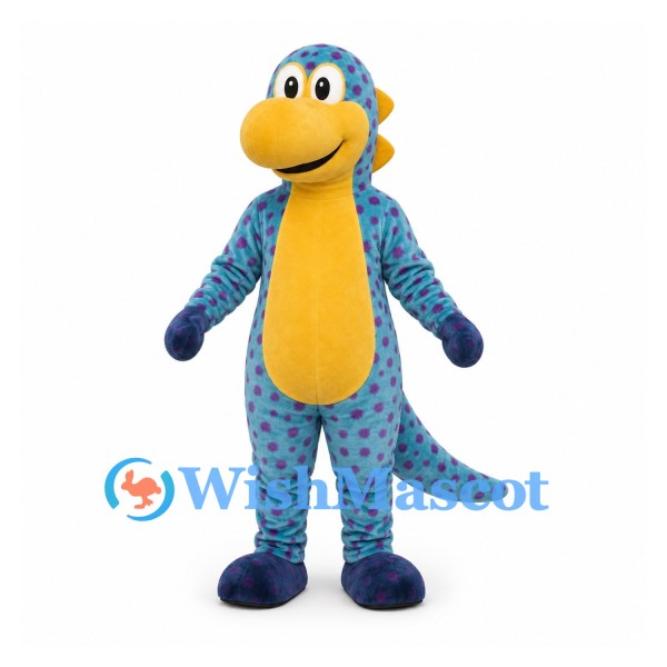 Dinosaur Mascot Costume in Blue with Purple Spots and Yellow Belly