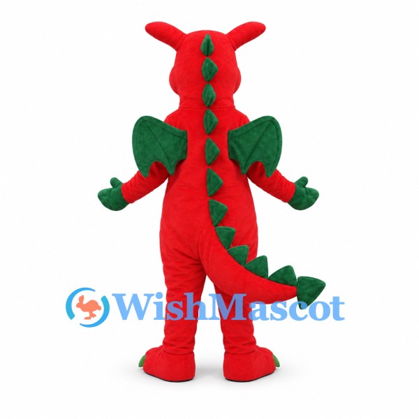 Dragon Mascot Costume in Red with Green Wings and Spikes