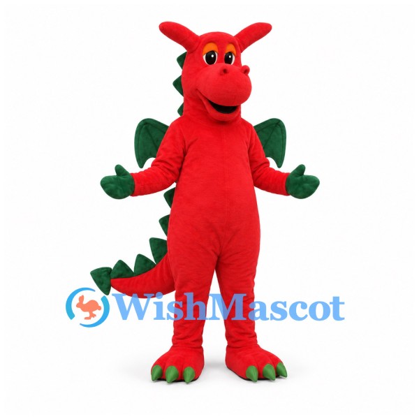 Dragon Mascot Costume in Red with Green Wings and Spikes