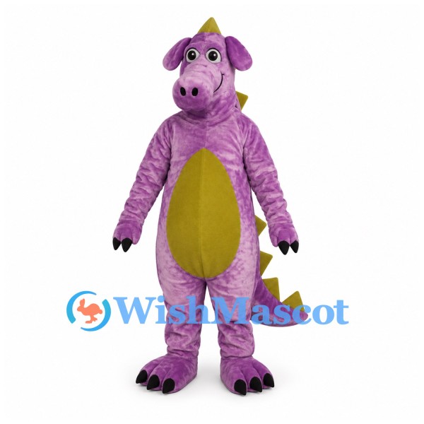 Dragon Mascot Costume in Purple with Gold Belly and Back Spikes