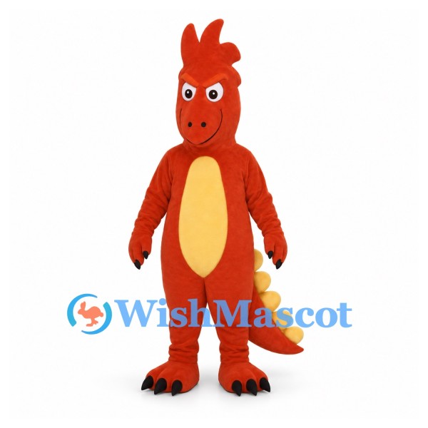 Dinosaur Mascot Costume in Orange with Tall Crest and Yellow Tail Spikes