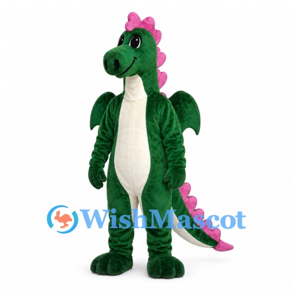 Dragon Mascot Costume in Dark Green with Pink Spines and Wings