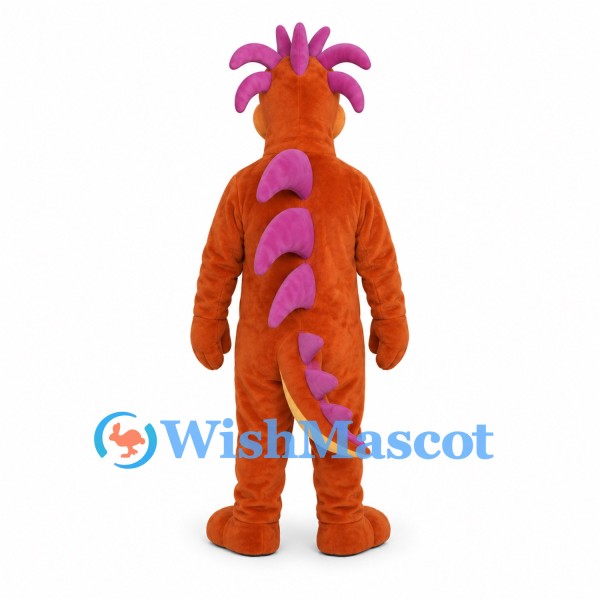 Dragon Mascot Costume in Orange with Purple Head Spikes and Tail