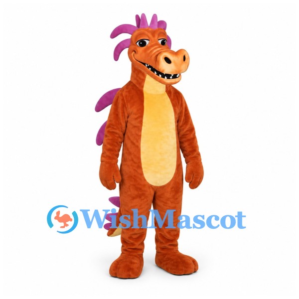 Dragon Mascot Costume in Orange with Purple Head Spikes and Tail