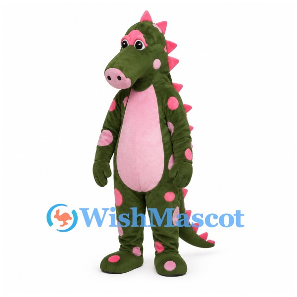 Dragon Mascot Costume in Olive Green with Pink Spots and Belly
