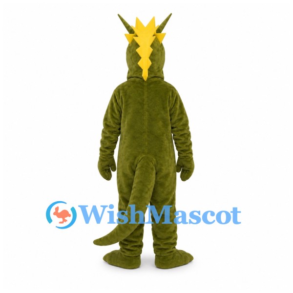 Dragon Mascot Costume in Olive Green with Yellow Horns and Spikes
