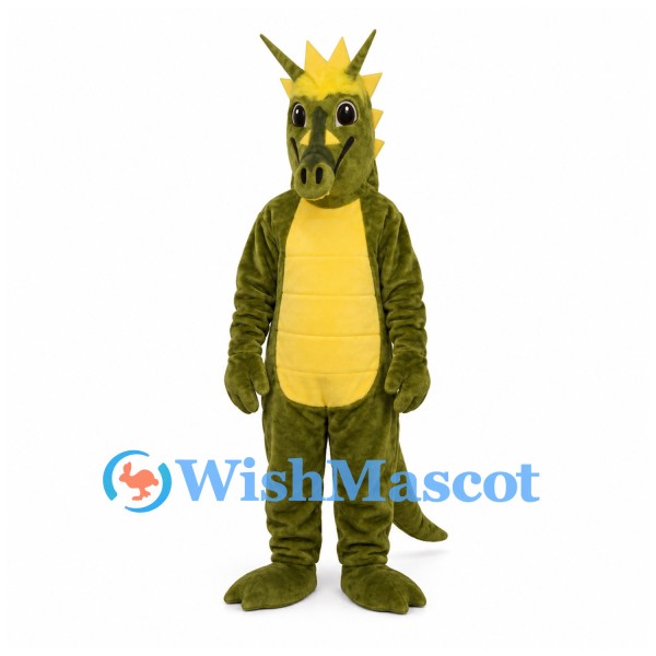 Dragon Mascot Costume in Olive Green with Yellow Horns and Spikes