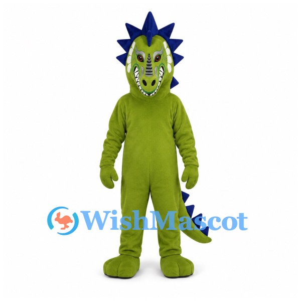 Dragon Mascot Costume in Green with Blue Crest and Back Spikes