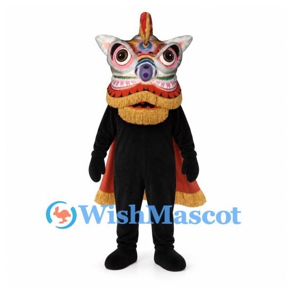 Chinese Lion Mascot Costume with Decorative Head and Red Cape