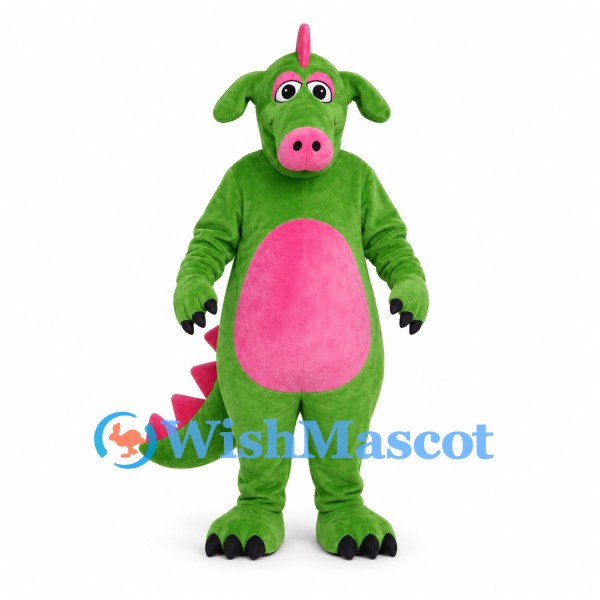 Dragon Mascot Costume in Green with Pink Belly and Back Spikes